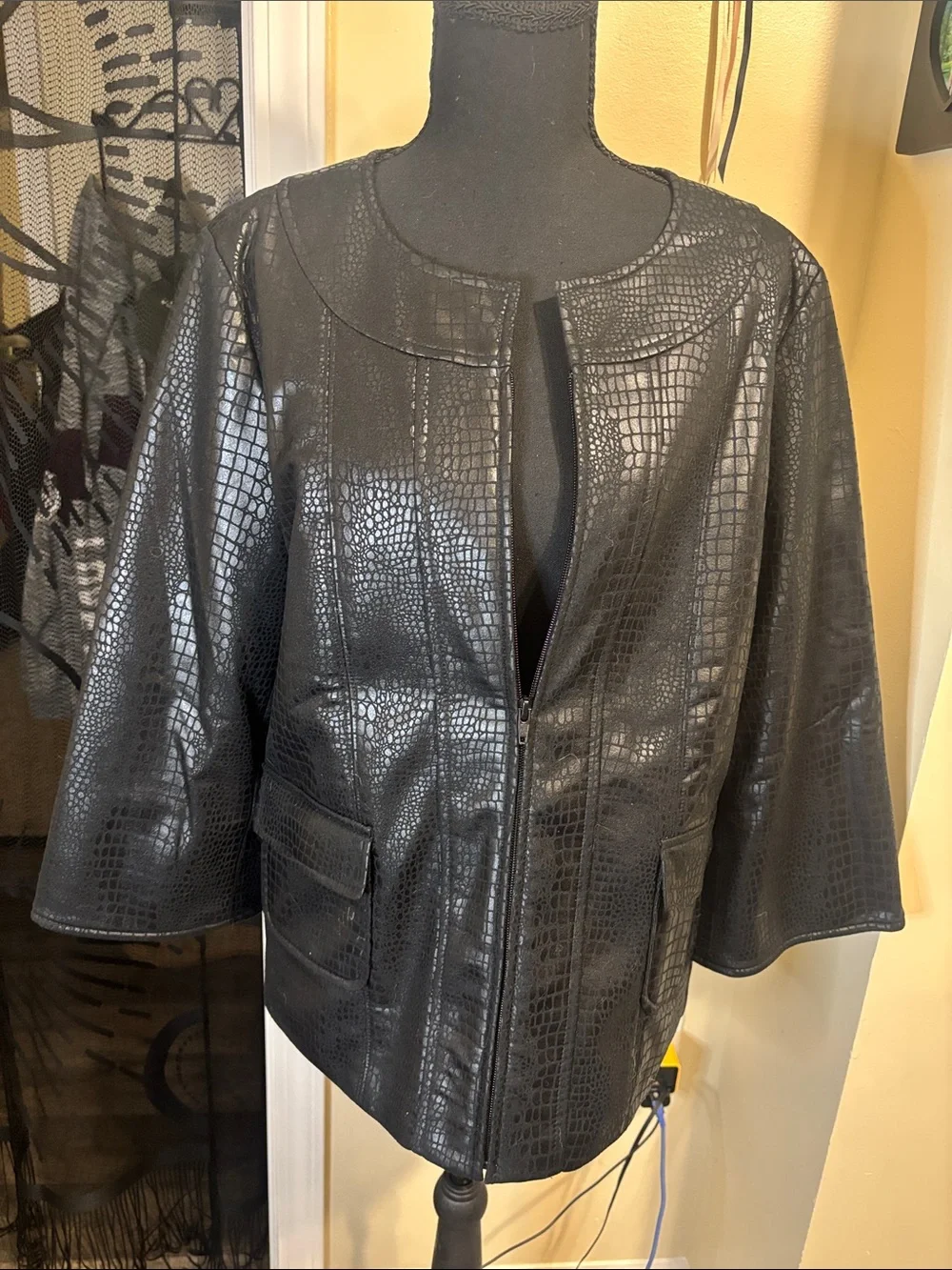 Susan Graver Black Croc-Embossed Leather Jacket